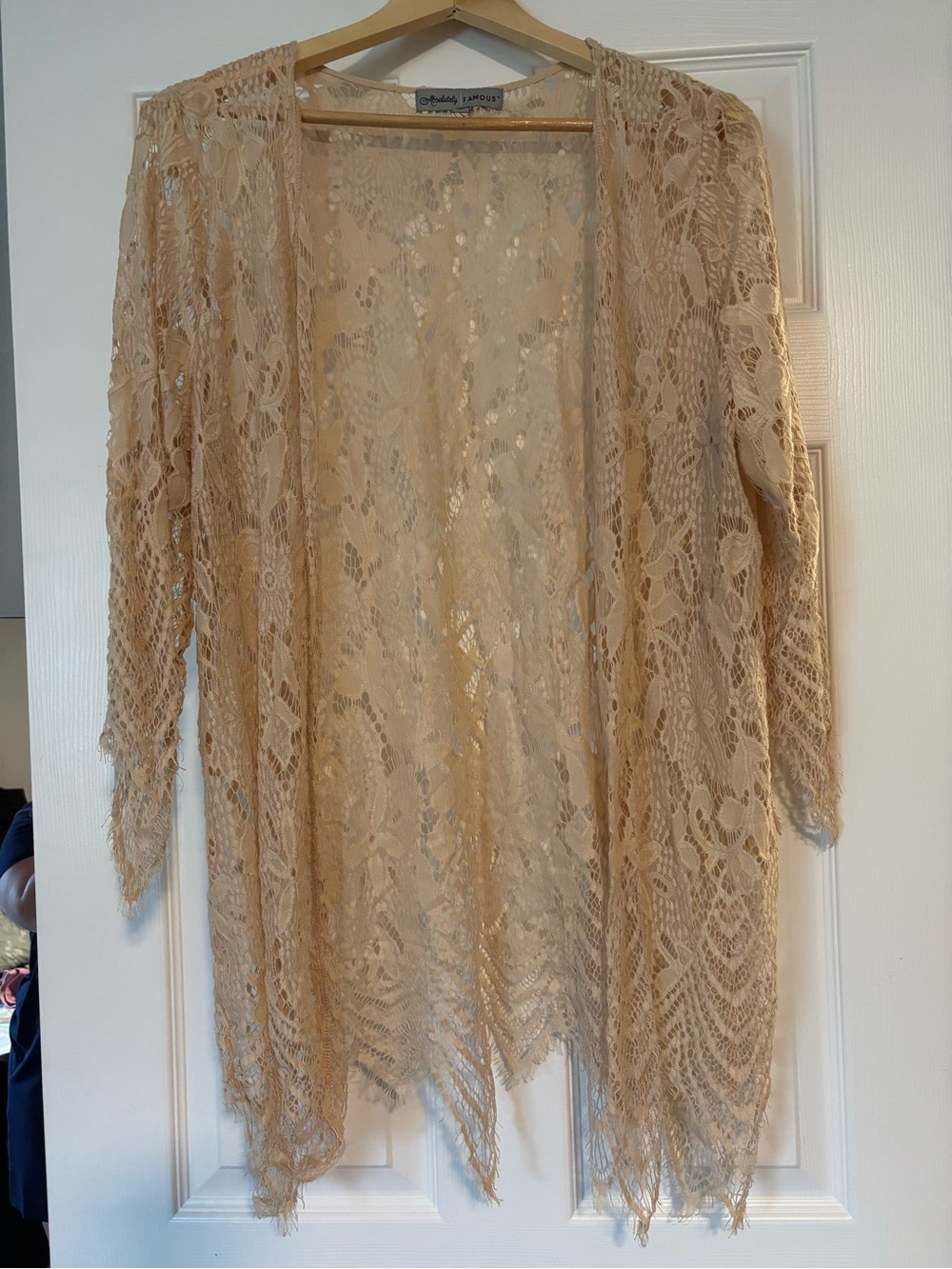 Absolutely Famous Beige Lace Open-Front Kimono